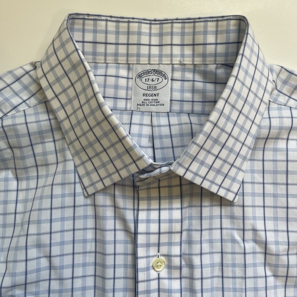 Brooks Brothers Regent Non-Iron Dress Shirt Men 17 34/35 Blue Check 100% Cotton - Picture 3 of 6
